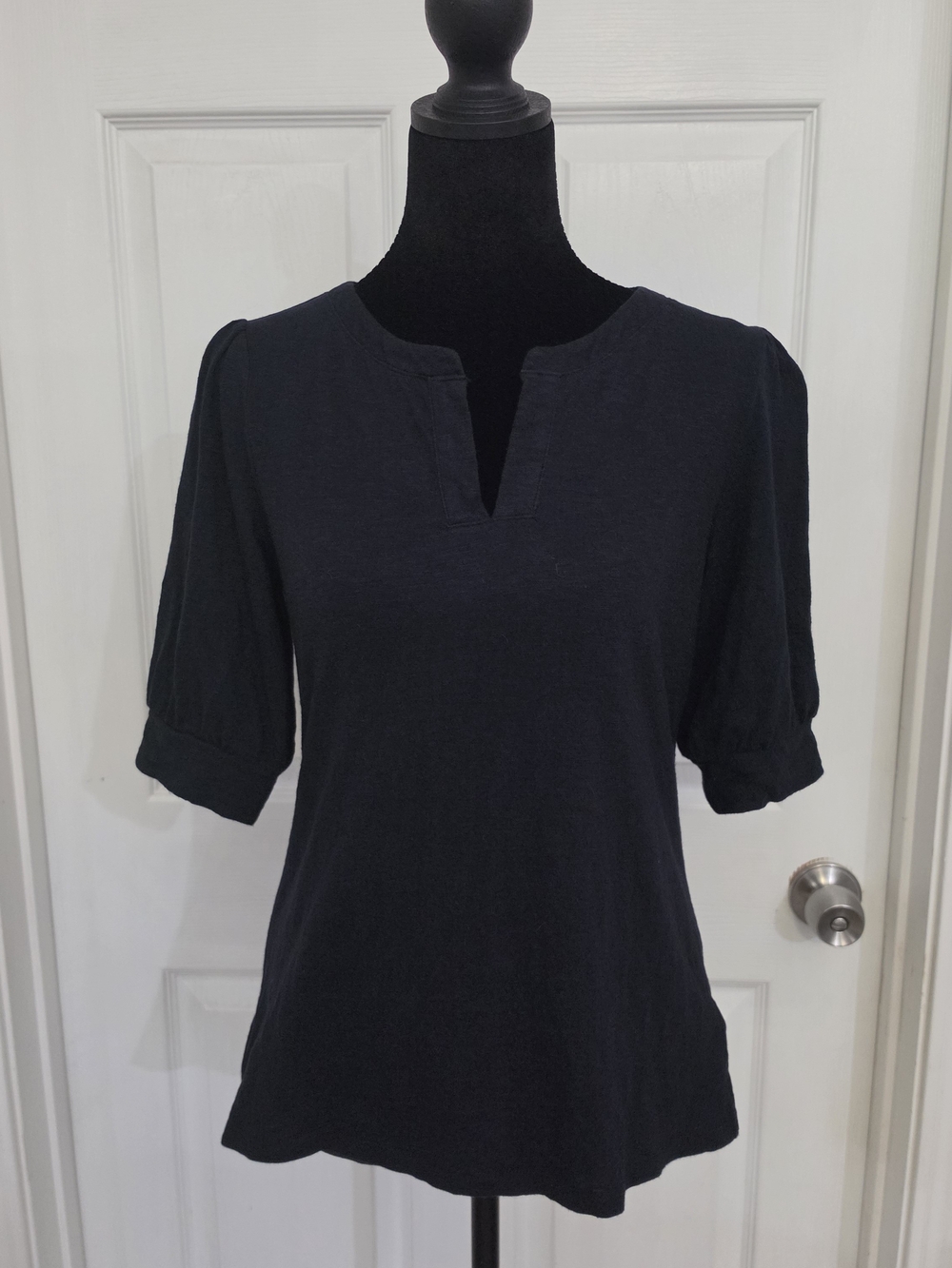 Talbots Navy Split-Neck Puff Sleeve Tee